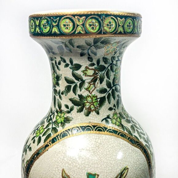 Porcelain Vase Green/Gold Botanical Motif Hand Painted Gilt Accent China - Picture 5 of 13
